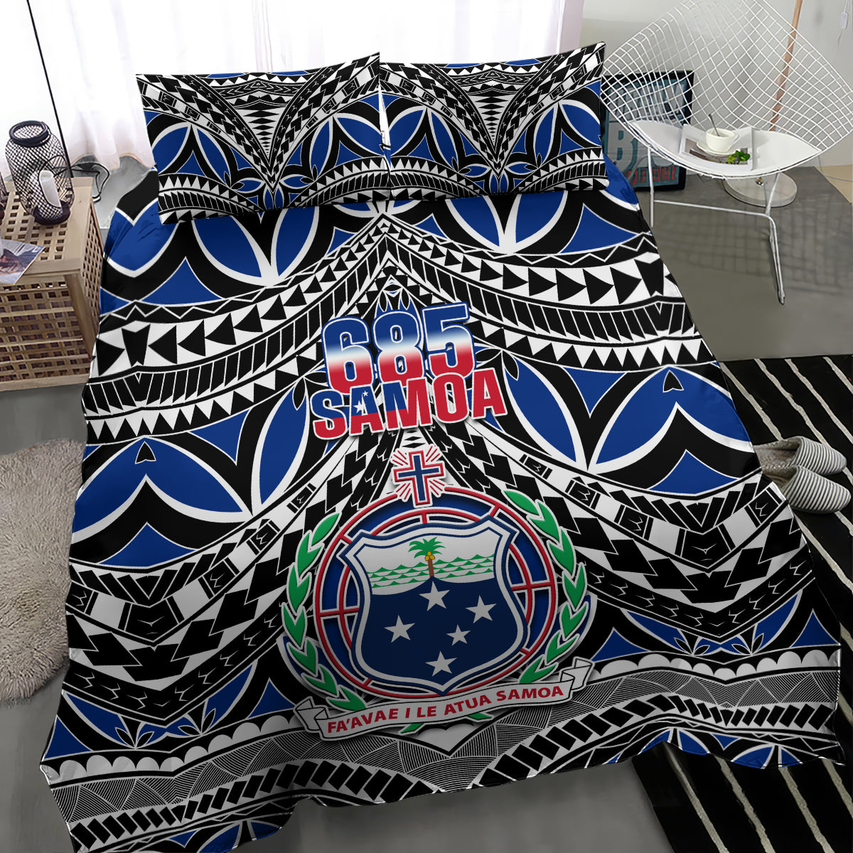Samoa bedding duvet cover with large 685 Samoa crest, blue and black geometric design