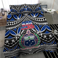 Samoa bedding duvet cover with large 685 Samoa crest, blue and black geometric design