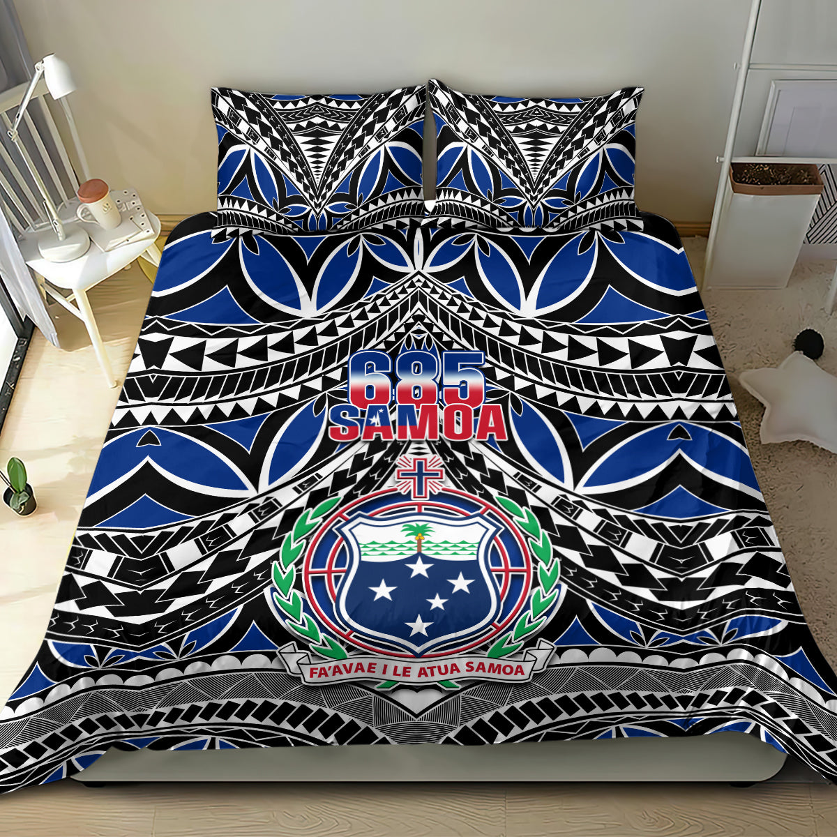 Samoa bedding duvet cover featuring 685 Samoa emblem, blue motifs, and black tribal patterns