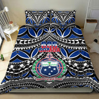 Samoa bedding duvet cover featuring 685 Samoa emblem, blue motifs, and black tribal patterns