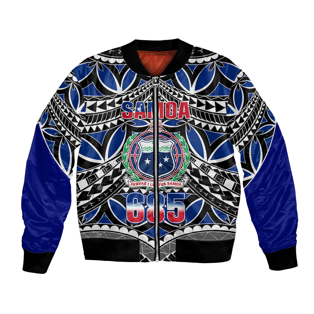 Blue bomber jacket with front zip, black/white tribal pattern, 'Samoa 685' graphic