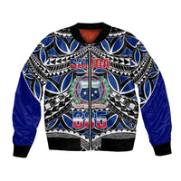 Blue bomber jacket with front zip, black/white tribal pattern, 'Samoa 685' graphic