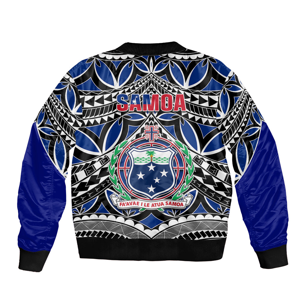 Blue bomber jacket, back design with 'Samoa' and central crest, black cuffs and hem