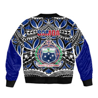 Blue bomber jacket, back design with 'Samoa' and central crest, black cuffs and hem