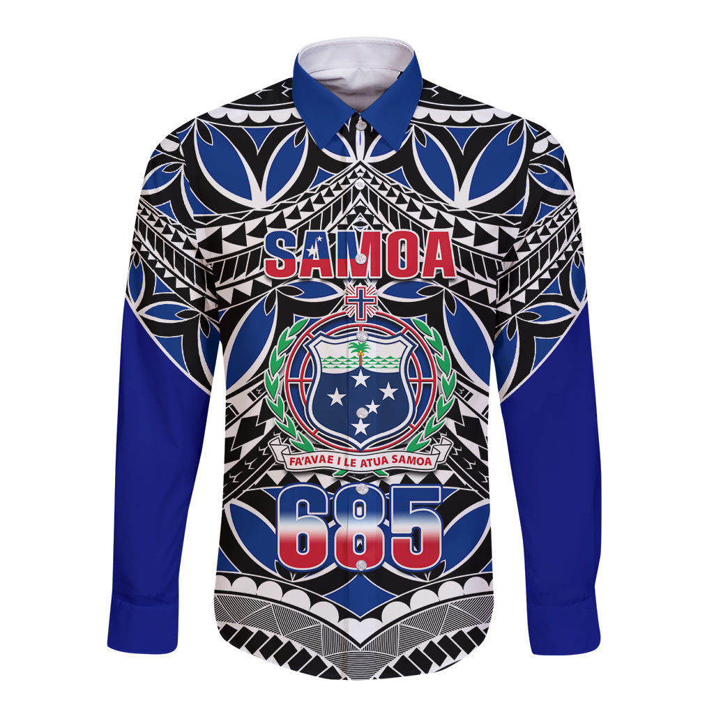 Blue long-sleeve button shirt with Samoa 685 crest graphic and Polynesian pattern