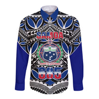 Blue long-sleeve button shirt with Samoa 685 crest graphic and Polynesian pattern