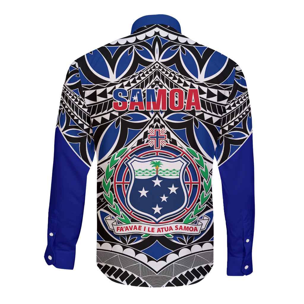 Blue long-sleeve button shirt, back design with Samoa crest, cross and 685