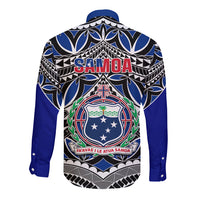 Blue long-sleeve button shirt, back design with Samoa crest, cross and 685