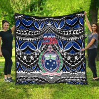 Samoa coat-of-arms quilt in blue, black, and white with large 685 crest design