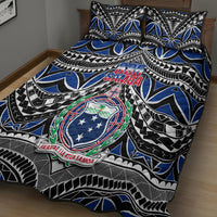 Samoa quilt bed set featuring blue and black wave patterns, crest and red Samoa text