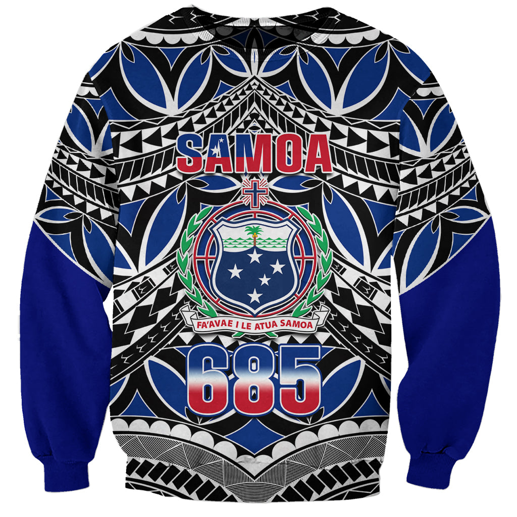 Blue sweatshirt with Samoa text, crest emblem, and 685 graphic; long sleeves, crew neck.