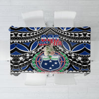 Blue and black tablecloth with Samoa coat of arms graphic and 685 Samoa text