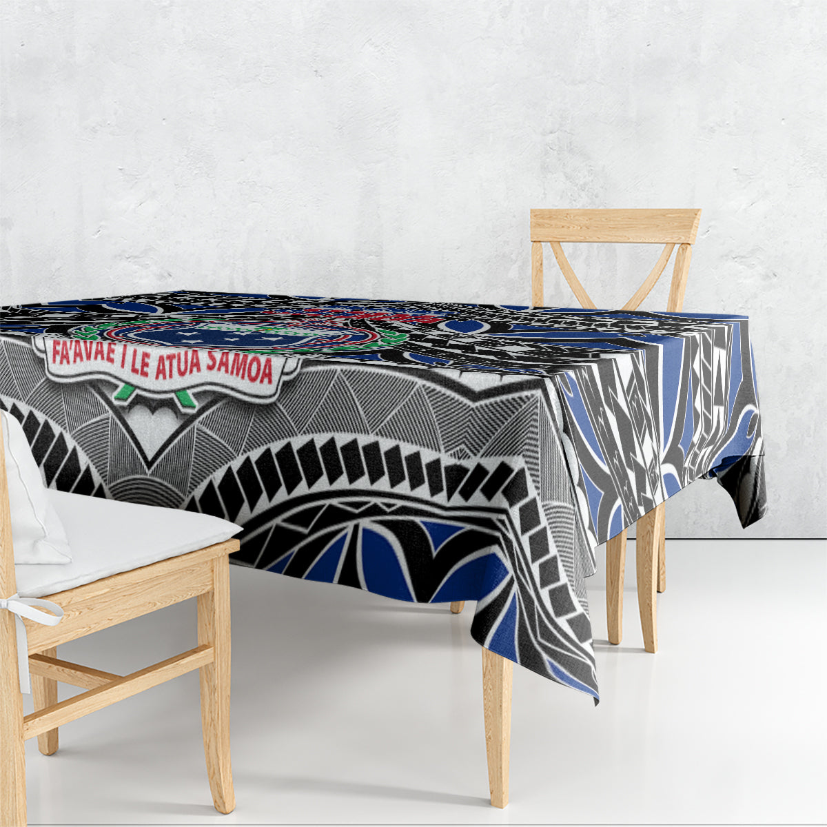 Blue tablecloth featuring bold tribal patterns and Samoa coat of arms emblem