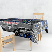 Blue tablecloth featuring bold tribal patterns and Samoa coat of arms emblem