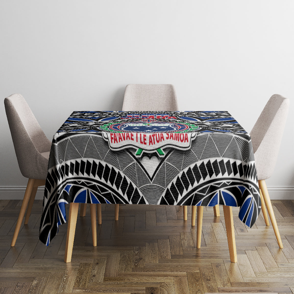Blue tablecloth with center Samoa coat of arms and “FAVAVAE LE ATUA SAMOA” banner