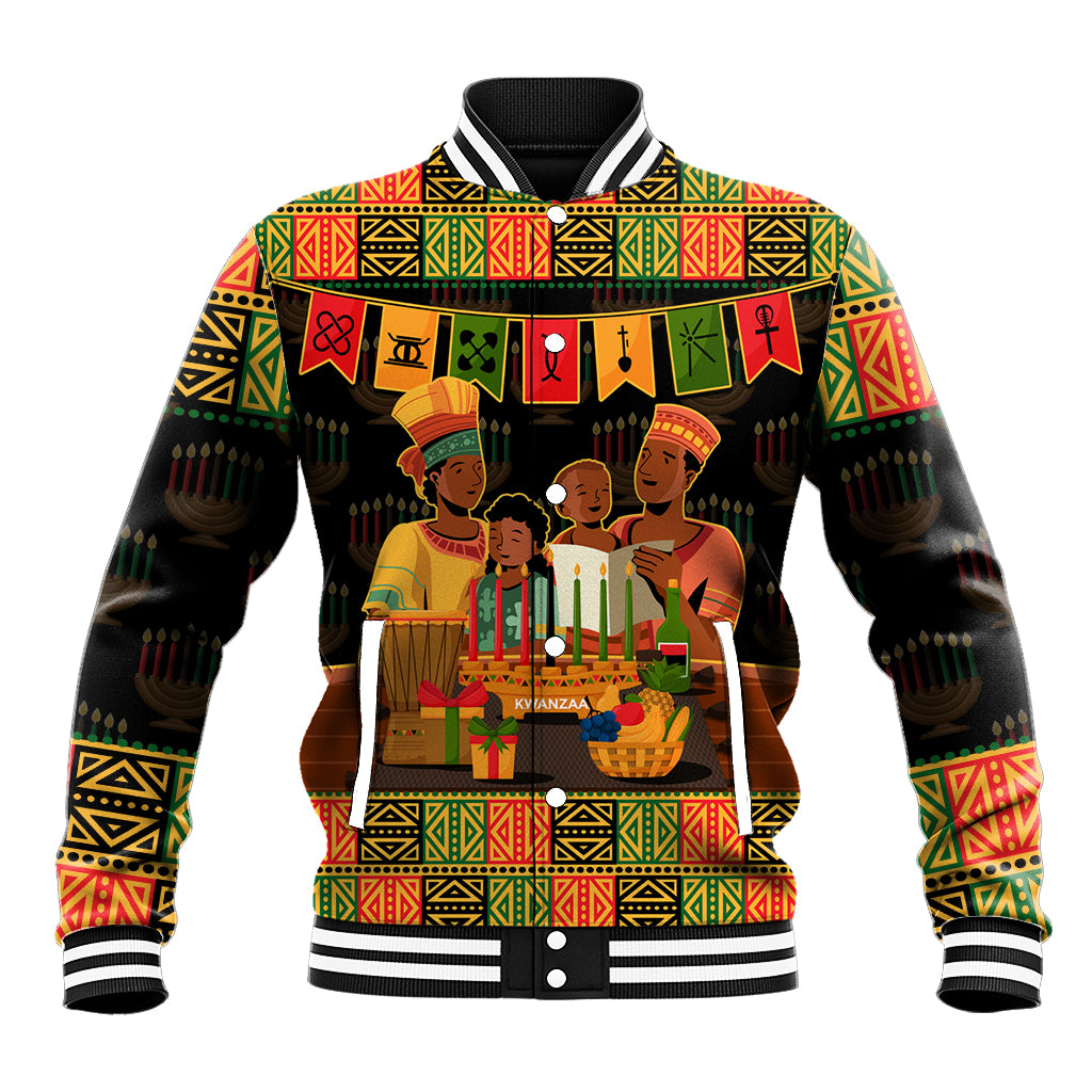 Kwanzaa baseball jacket with black stand collar, ribbed cuffs, and front festive print