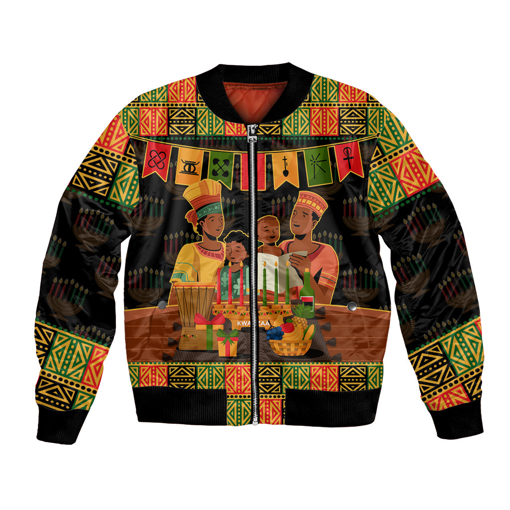 Black unisex bomber jacket with colorful Kwanzaa banner graphic and geometric trim