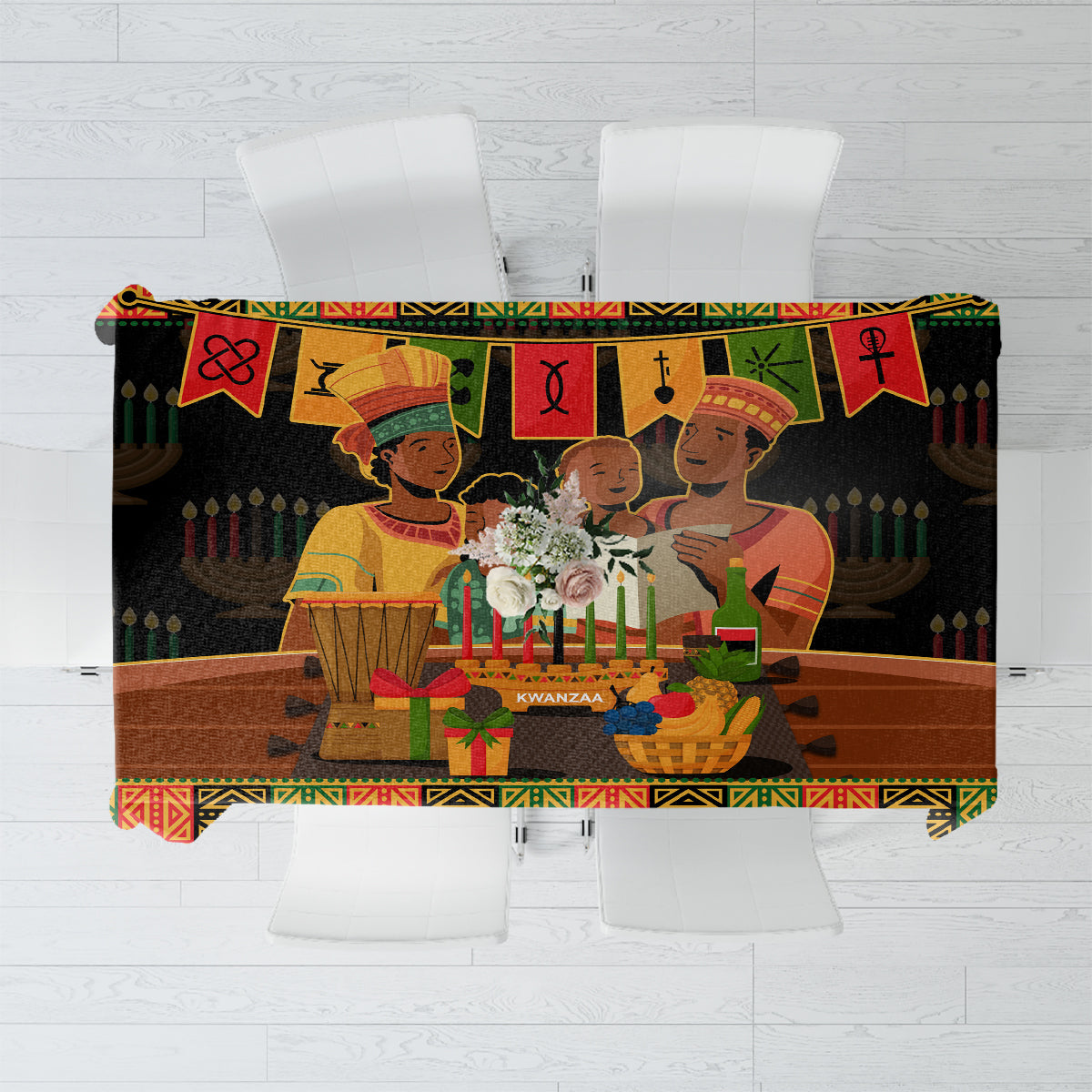 Black tablecloth with colorful African geometric pattern and Kwanzaa-style symbols