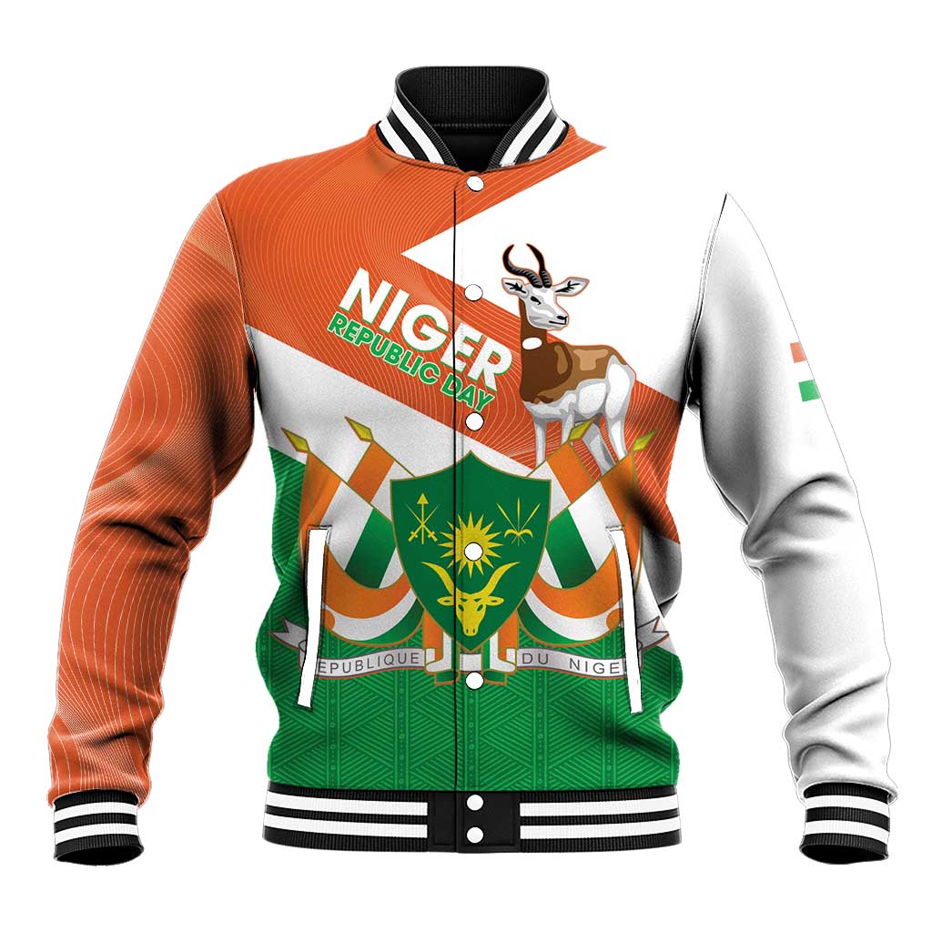 Baseball jacket with orange sleeves, white-and-green front emblem and gazelle graphic.