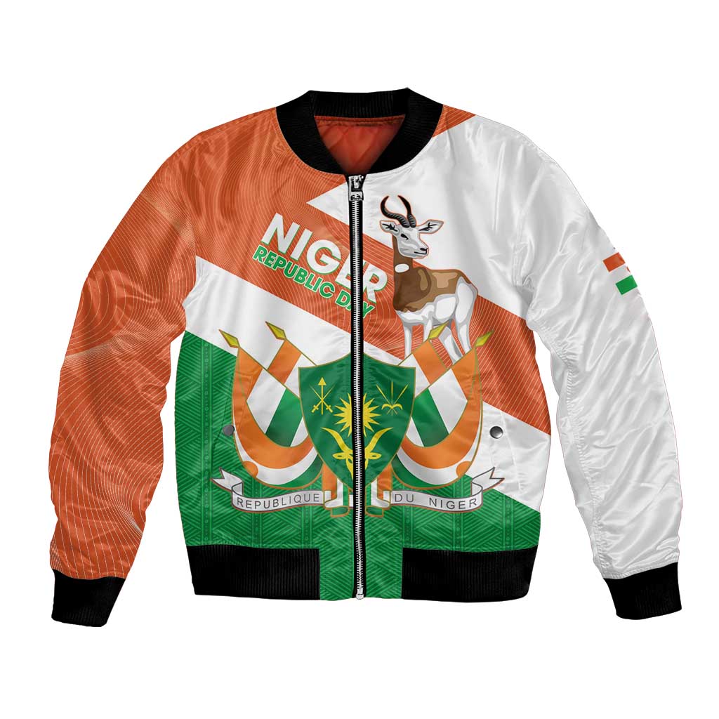 Orange and white bomber jacket with Niger coat of arms and Dama gazelle graphic