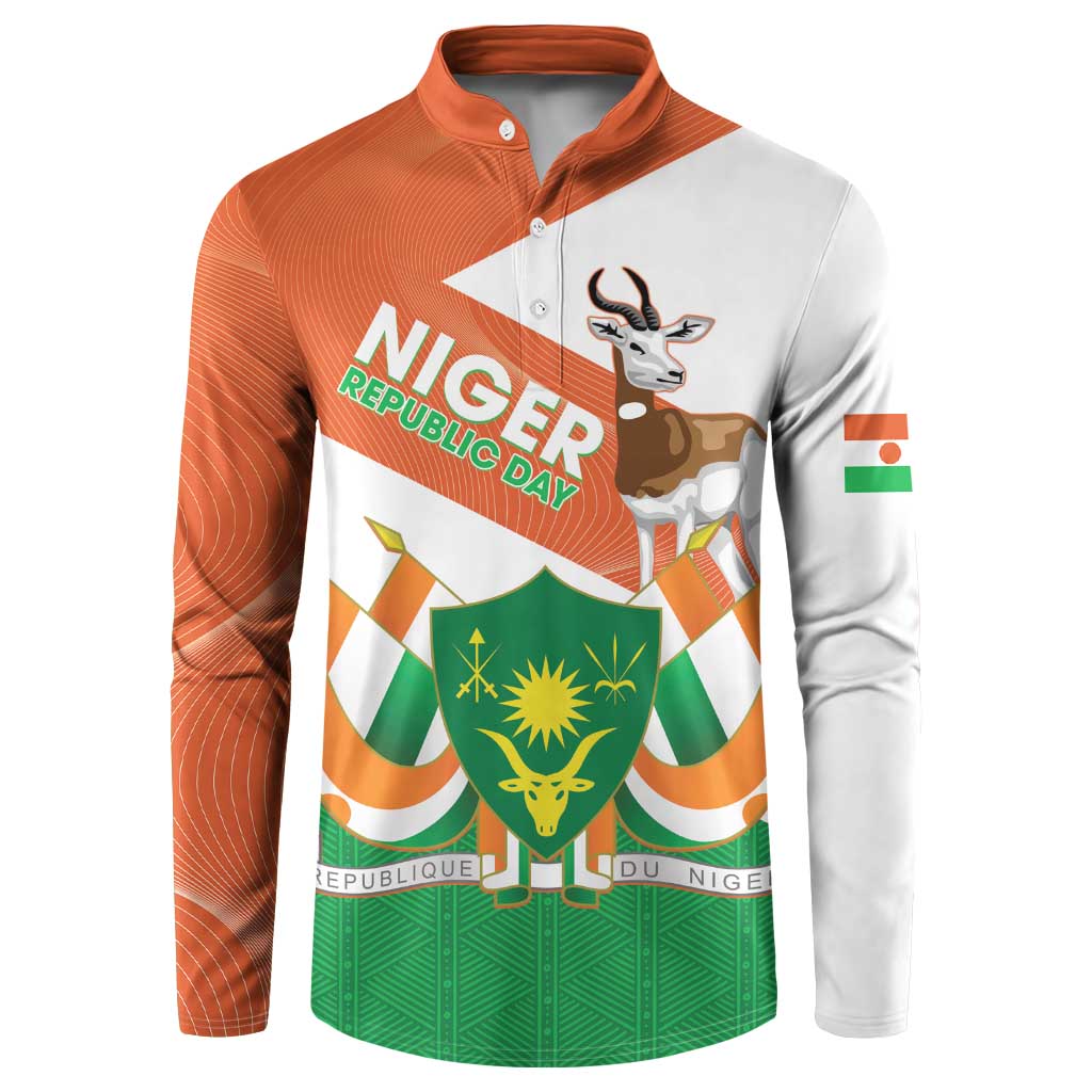 Orange sweatshirt with button collar and Niger Republic graphic print, long sleeves