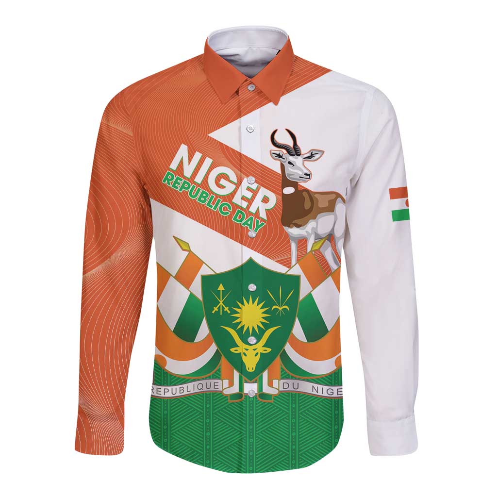 Orange and white long-sleeve button shirt with green coat of arms and bull graphic