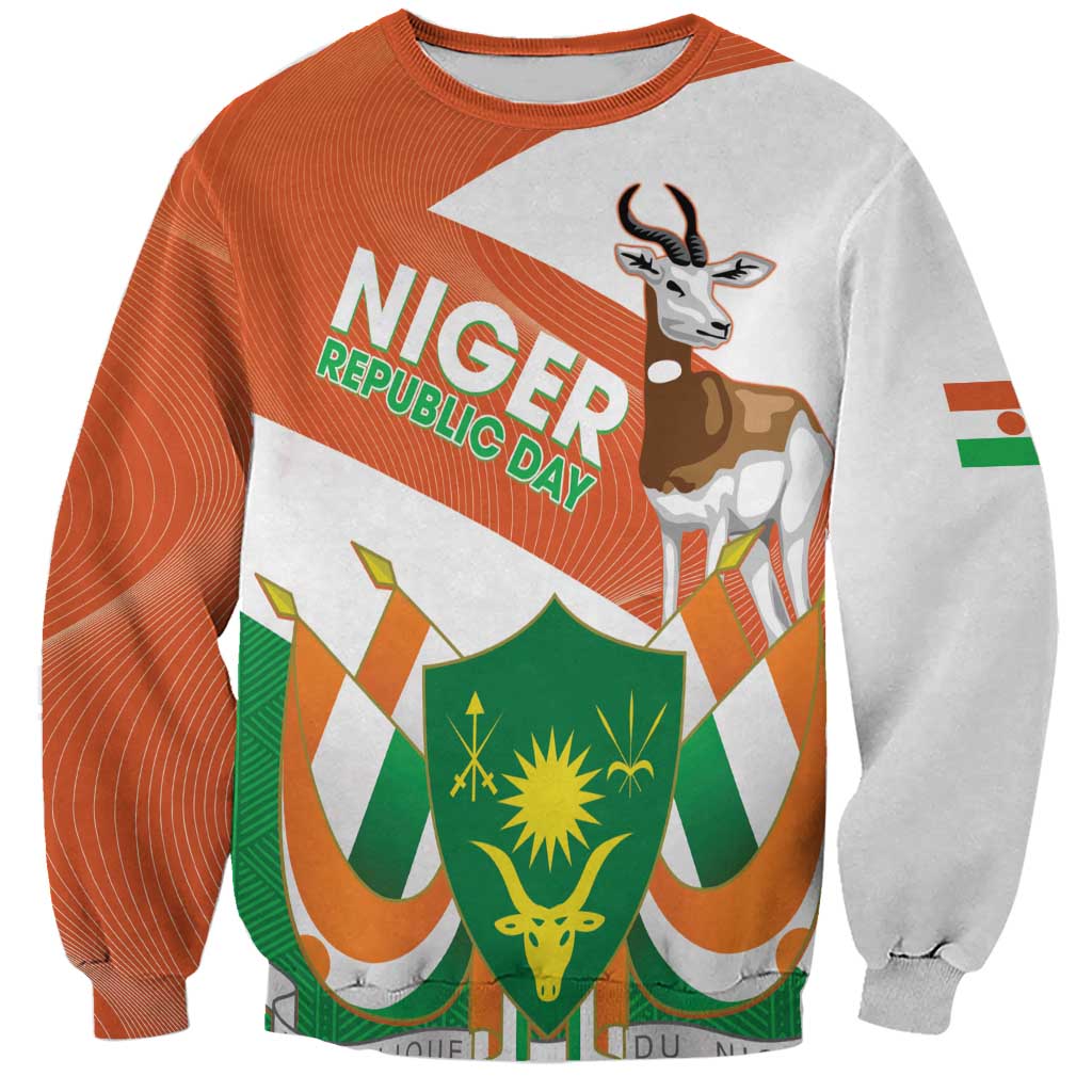 Unisex sweatshirt with orange and gray design, Niger Republic Day emblem and gazelle