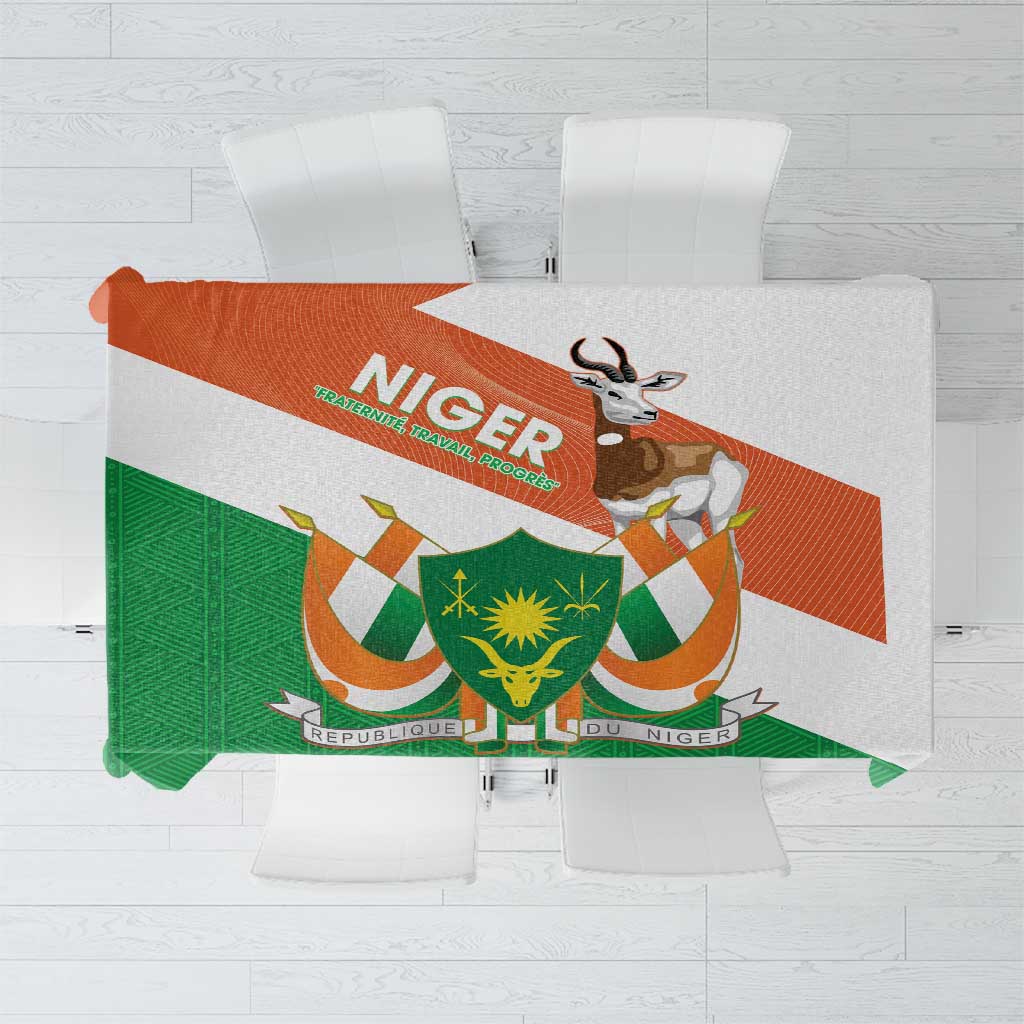 Niger Republic Day tablecloth with coat of arms and dama gazelle, orange and green