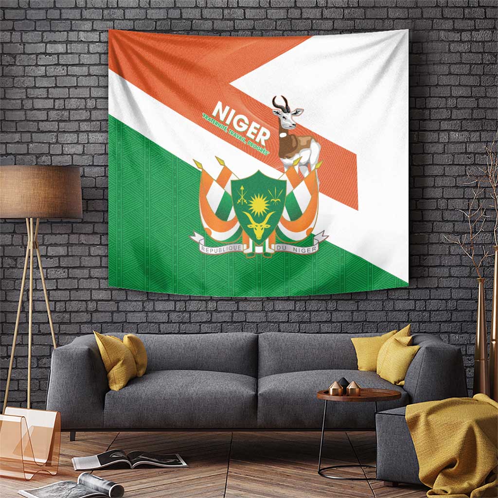 Tapestry in orange, white, and green with Niger coat of arms and Dama gazelle