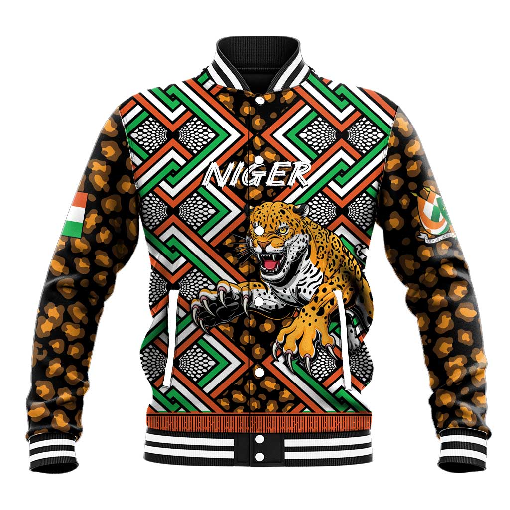 Black baseball jacket with leopard and geometric African print, ribbed collar and cuffs