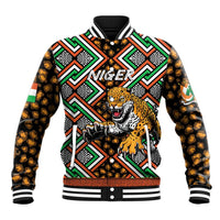 Black baseball jacket with leopard and geometric African print, ribbed collar and cuffs
