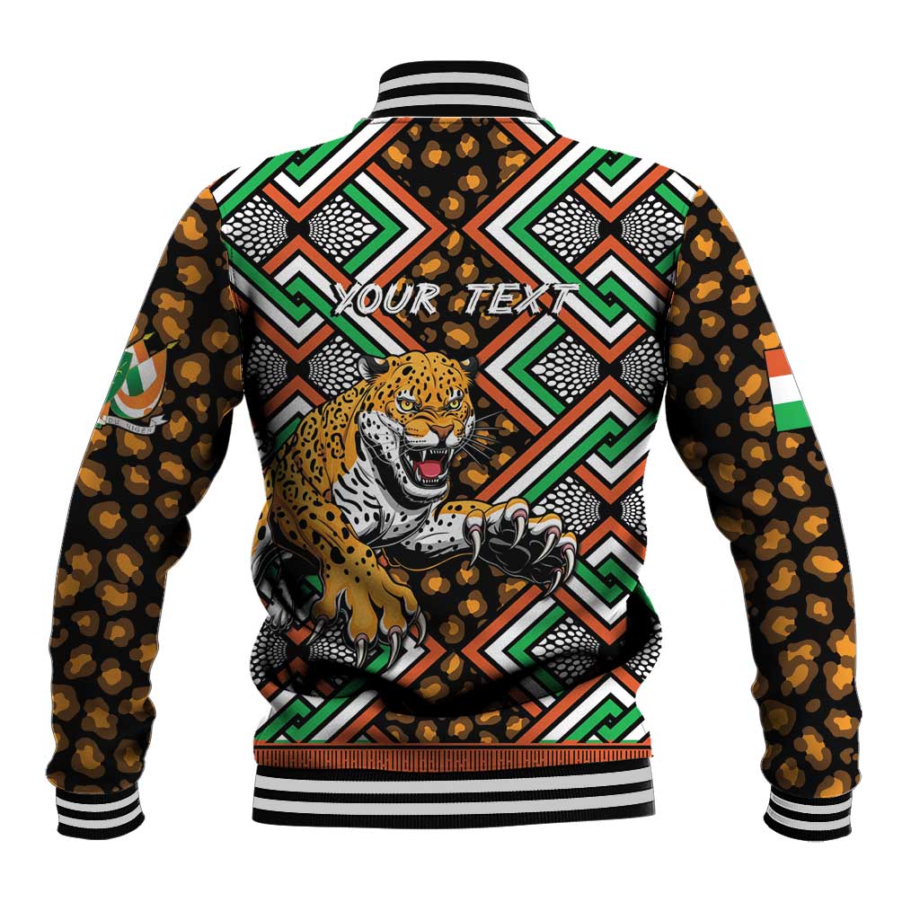 Black baseball jacket with back graphic, 'YOUR TEXT' text, leopard face and geometric pattern