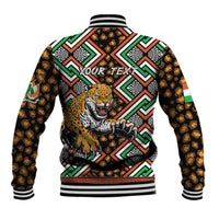 Black baseball jacket with back graphic, 'YOUR TEXT' text, leopard face and geometric pattern