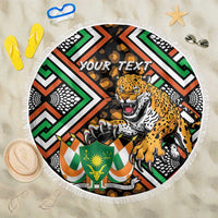 Round beach blanket with leopard graphic, bold African pattern, fringe edge, custom text