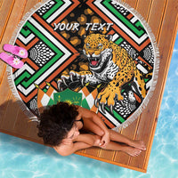 Round beach blanket with leopard graphic, bold African pattern, fringed border, custom text