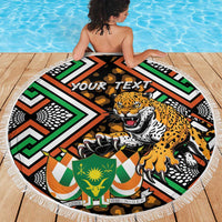 Round beach blanket with leopard graphic and African tribal pattern, fringed edge, YOUR TEXT