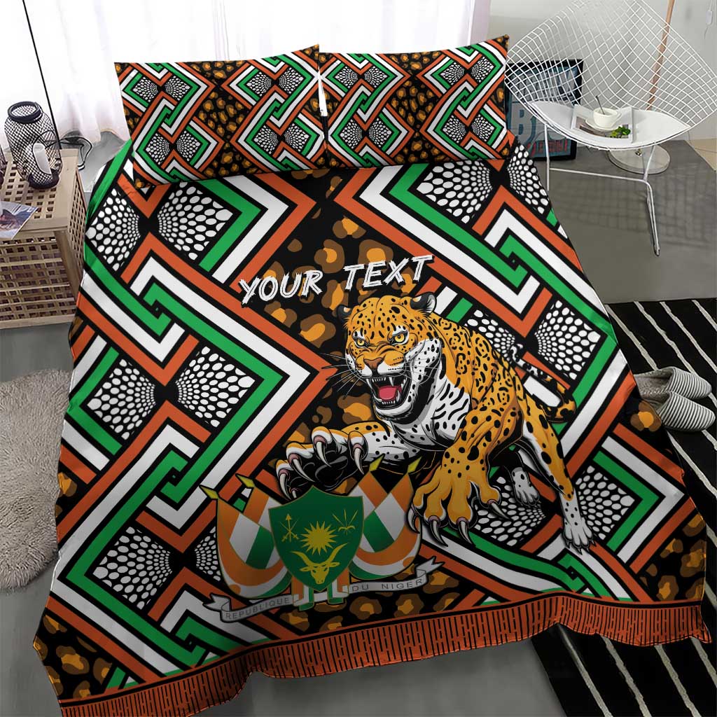 Personalized bedding set with Ankara chevron pattern and central leopard design on duvet