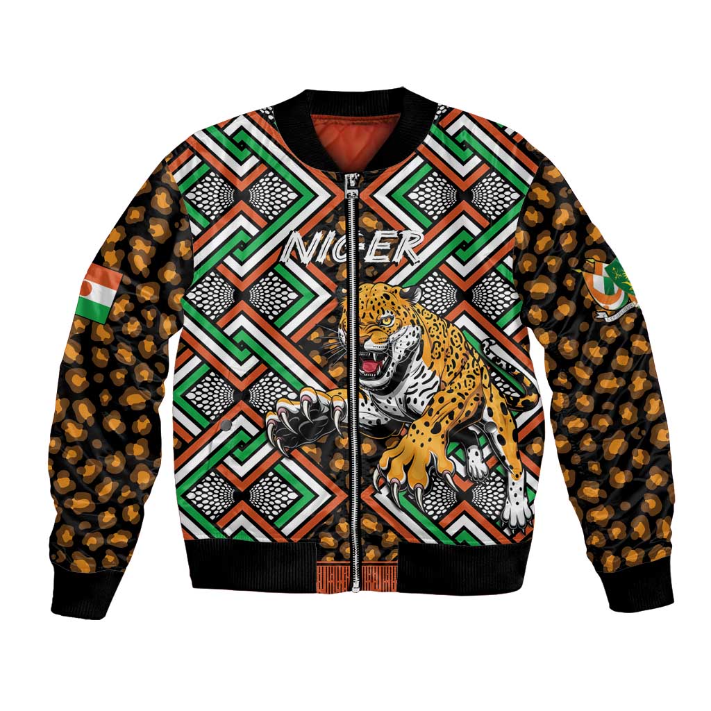 Leopard and geometric-pattern bomber jacket, black ribbed trim, front zipper