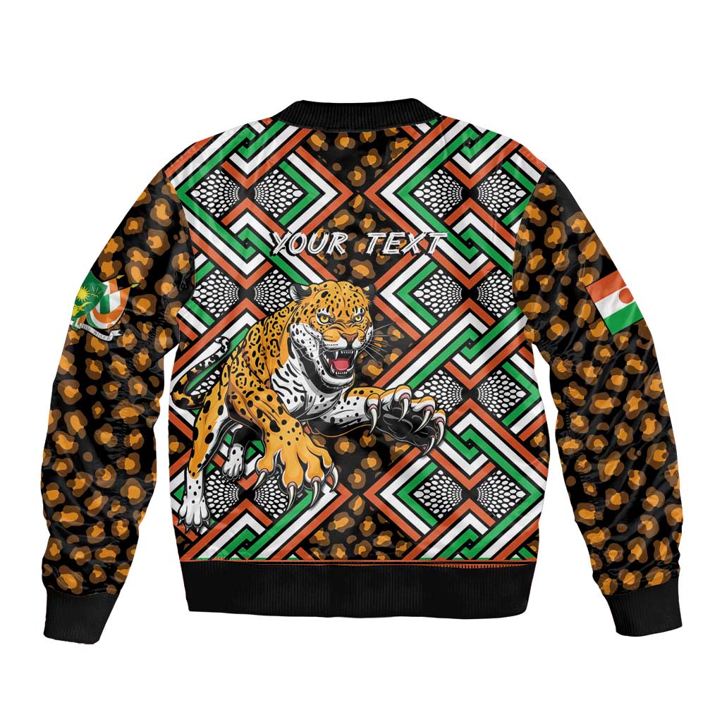 Bomber jacket with leopard graphic and geometric panels, 'YOUR TEXT' across back