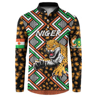 Black button-front sweatshirt with geometric print and roaring tiger graphic