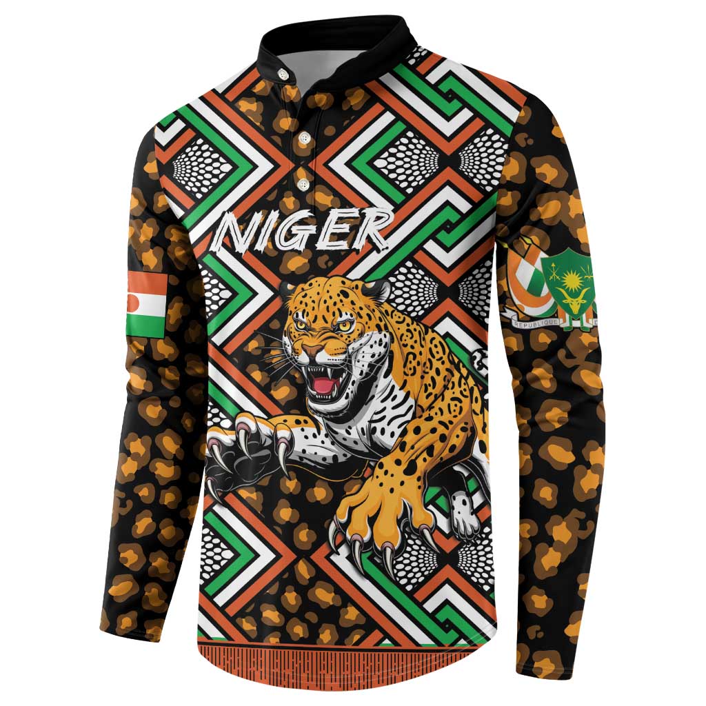 Black button-front sweatshirt with tiger graphic, geometric bands, and NIGER text