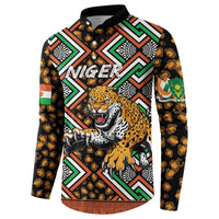 Black button-front sweatshirt with tiger graphic, geometric bands, and NIGER text