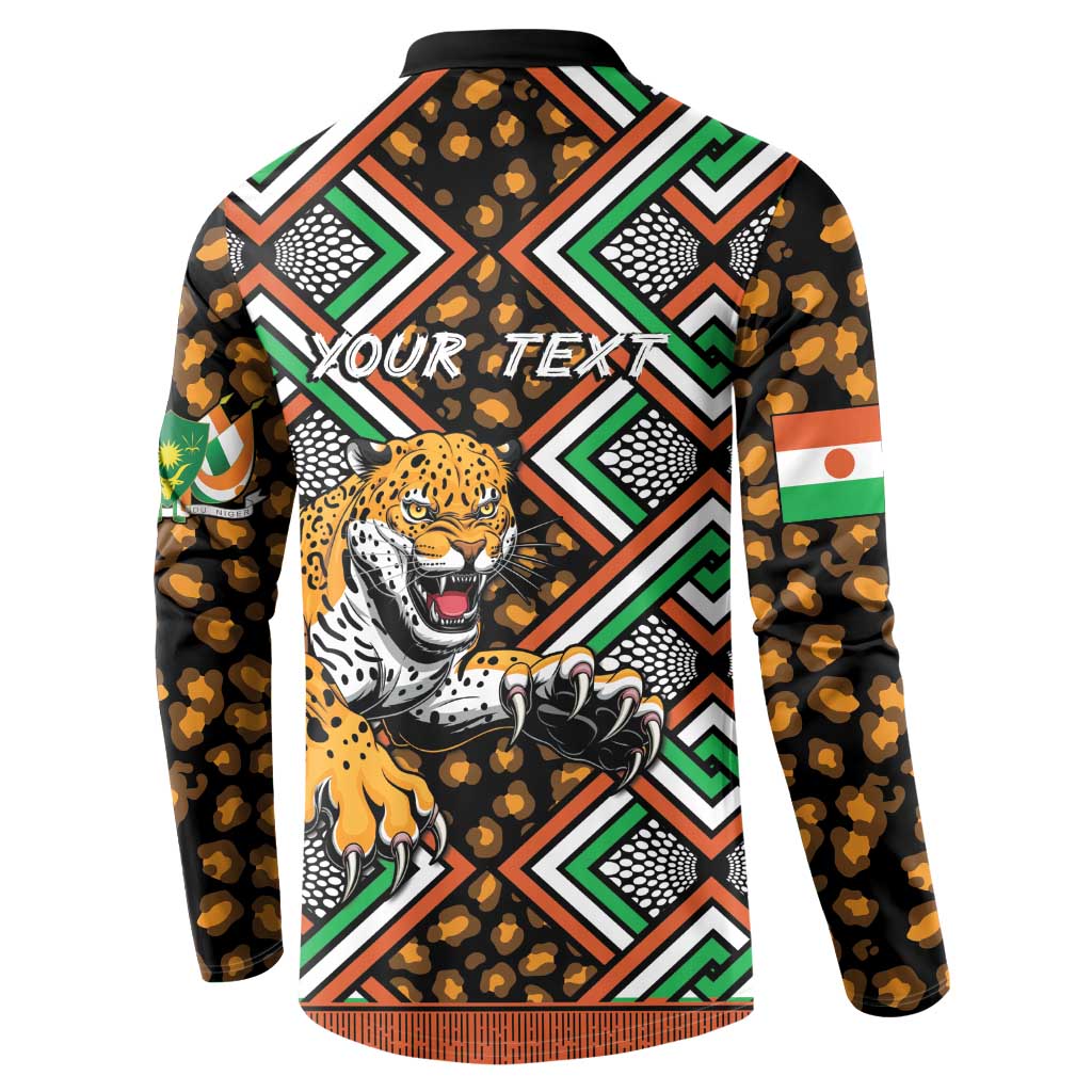 Black button-front sweatshirt with tiger graphic and 'YOUR TEXT' on geometric print