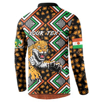 Black button-front sweatshirt with tiger graphic and 'YOUR TEXT' on geometric print