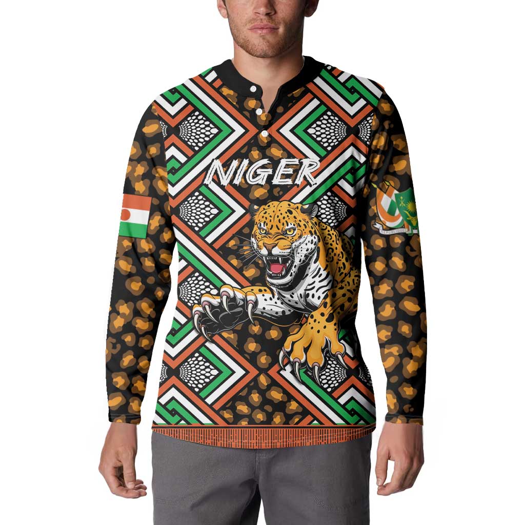 Black button-front sweatshirt on model with tiger and geometric African pattern