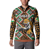 Black button-front sweatshirt on model with tiger and geometric African pattern