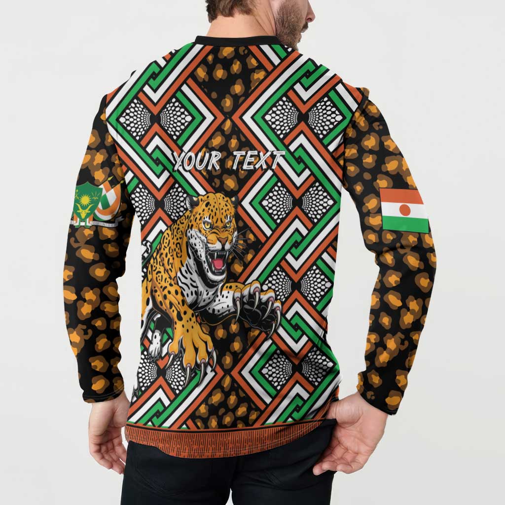Black sweatshirt back view with tiger graphic and 'YOUR TEXT' on geometric print