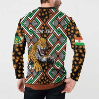 Black sweatshirt back view with tiger graphic and 'YOUR TEXT' on geometric print