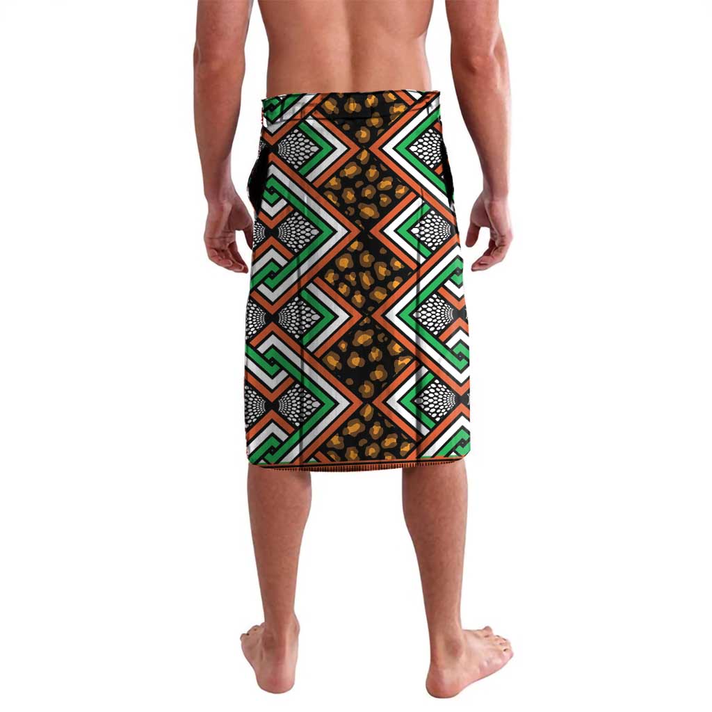 African patterned wrap skirt with bold diamond and chevron geometric print, orange and green