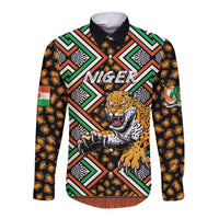 Black long sleeve button shirt with bold African print and leopard graphic, collar view